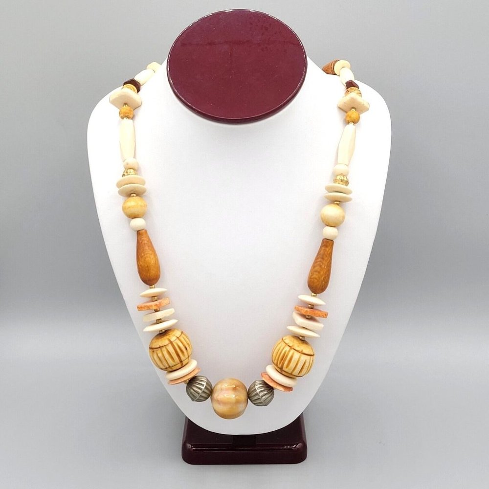 Wooden Brown White Beaded Chunky Necklace Gold Tone Metal Hook Clasp 28 in